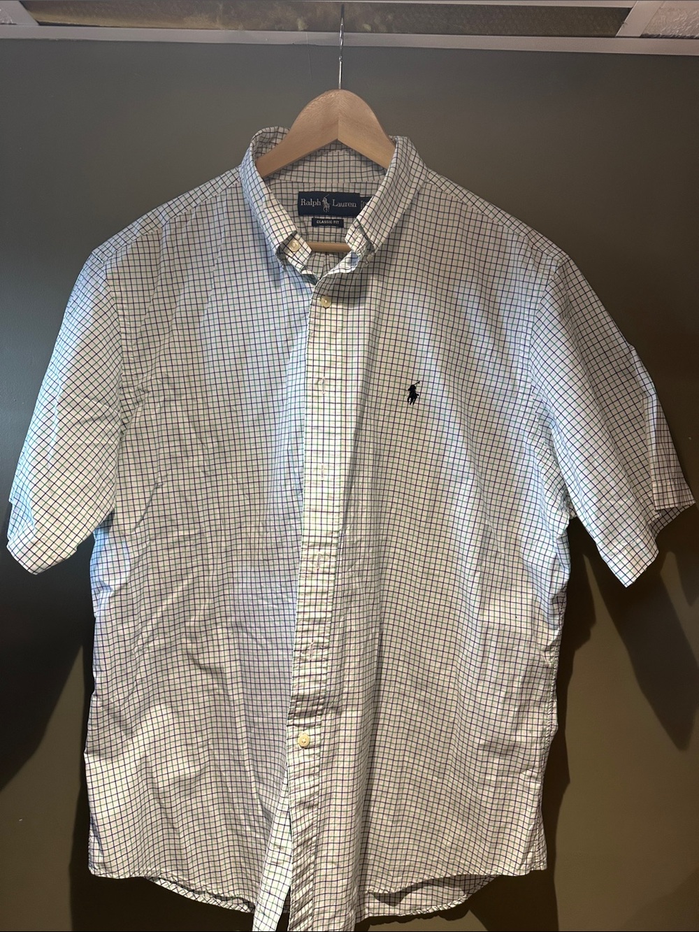 Mens Ralph Lauren Light Blue and White Short-Sleeve Button-Down Check Shirt szXL